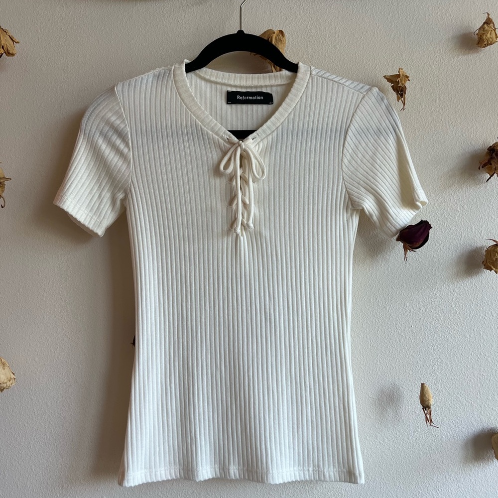 Reformation Ivory Ribbed Short Sleeve Top